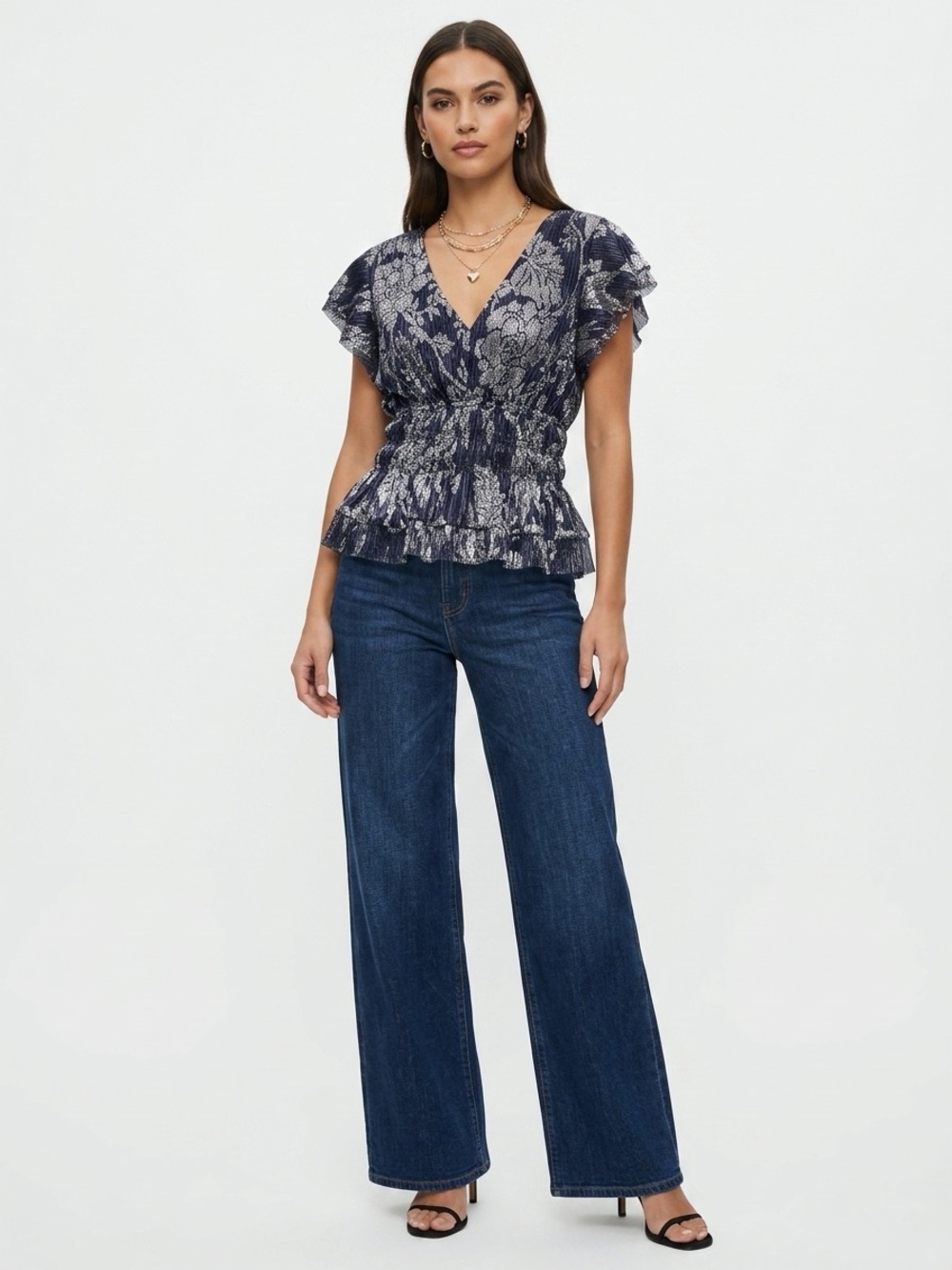 Anthropologie Navy Metallic Floralβ Peplum Top Size L Flutter Sleeve Boho Glam